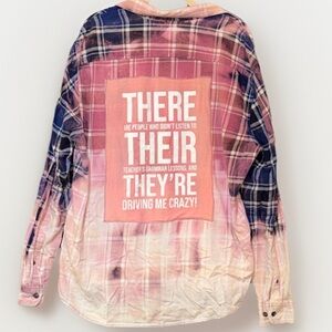 Upcycled Sonoma Flannel Shacket XL Bleach Dye Teacher Grammar Quote Patch